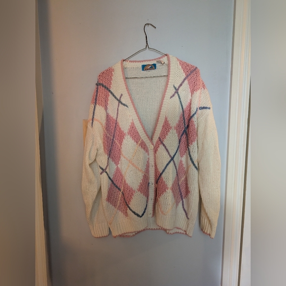 Vintage Pacific Coast Highway Argyle Knit Cardigan | Pink Cream | L - Picture 2 of 6